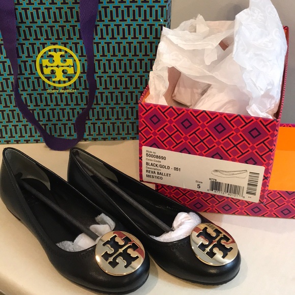 Tory Burch, Size 5, Black/Gold - 051, Reva Ballet - Picture 1 of 5